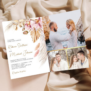 Boho Pampas Pink Orchid Floral QR Code Wedding Invitation