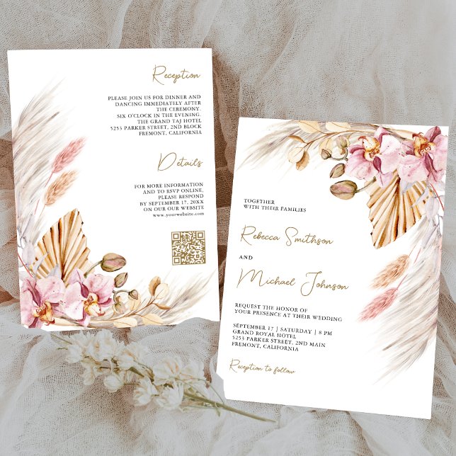 Boho Pampas Pink Orchid Floral QR Code Wedding Invitation (Creator Uploaded)