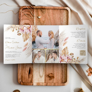 Boho Pampas Pink Orchid Floral QR Code Wedding Tri-Fold Invitation