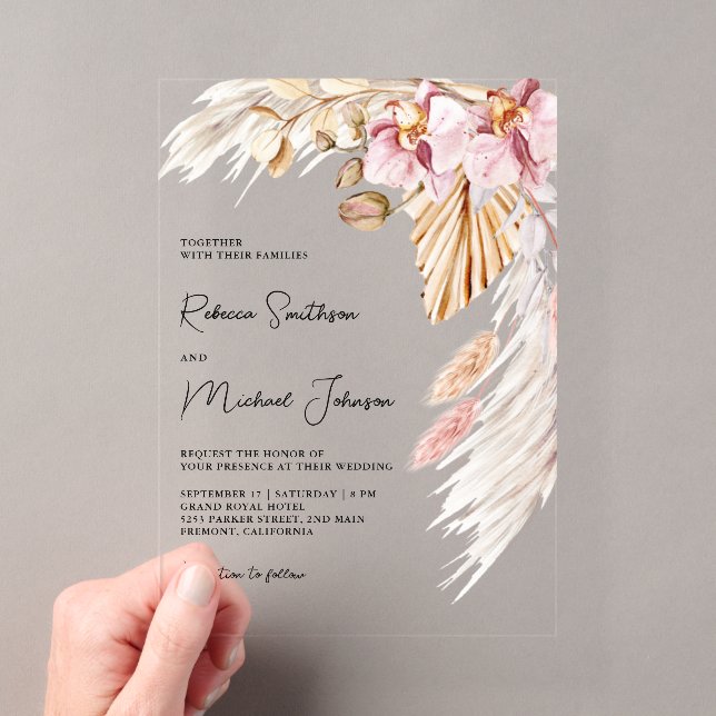 Boho Pampas Pink Orchid Floral Wedding Acrylic Invitations (Insitu (Handheld))