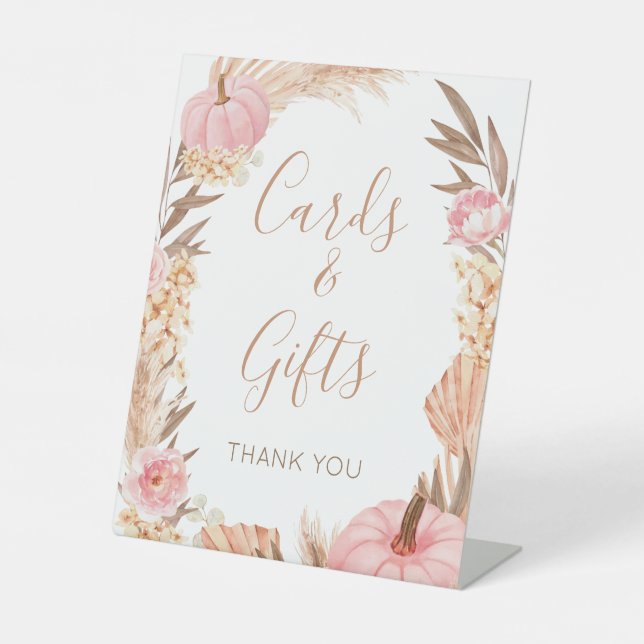 Boho Pampas pink Pumpkin cards & gifts sign (Front)