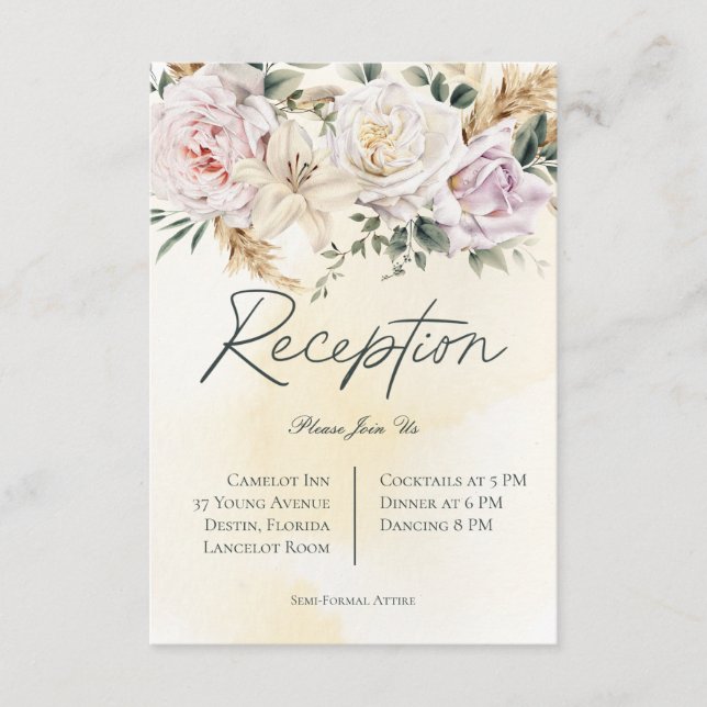 Boho Pampas & Pink Roses Cream Reception Wedding Enclosure Card (Front)