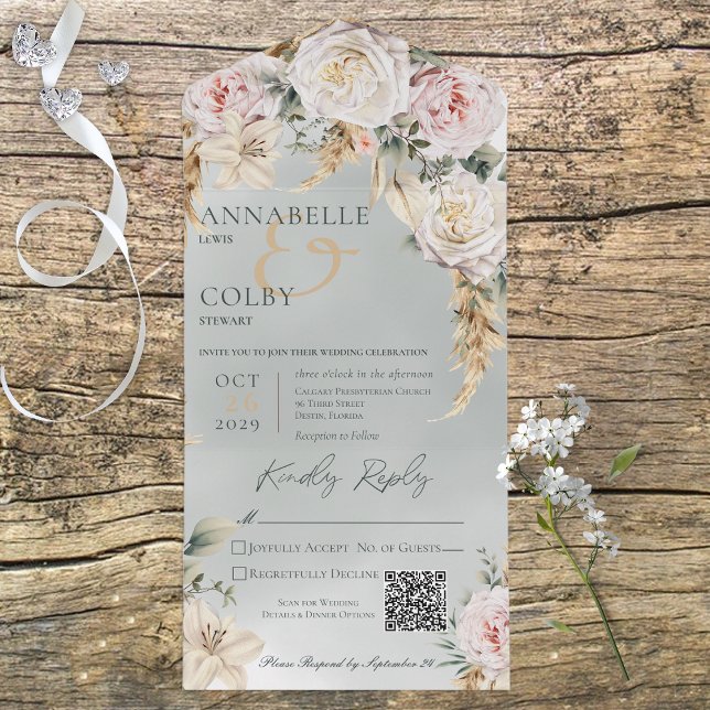 Boho Pampas & Pink Roses Green QR Code All In One Invitation (Creator Uploaded)