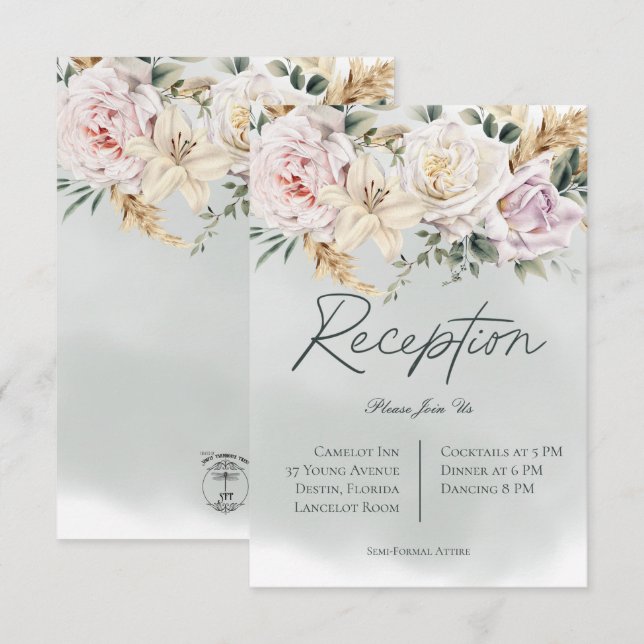 Boho Pampas & Pink Roses Green Reception Card (Front/Back)