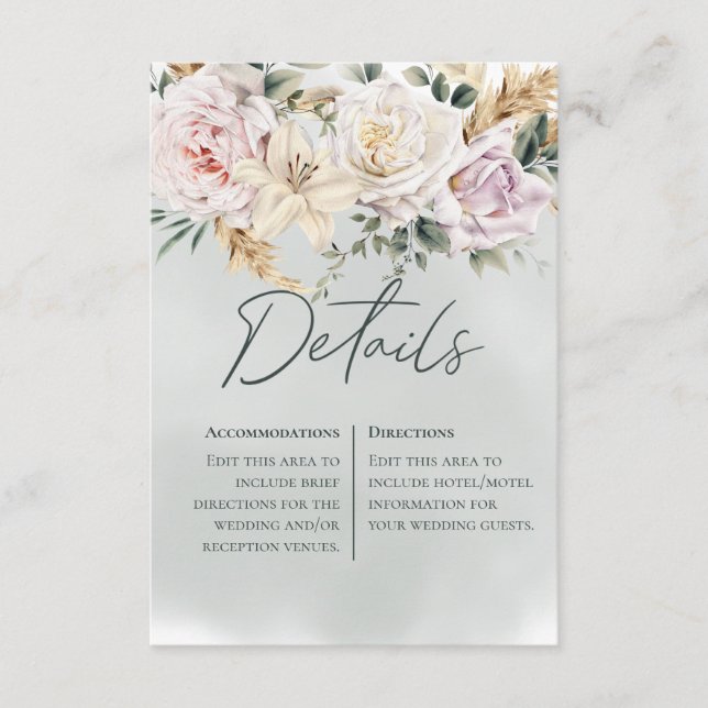 Boho Pampas & Pink Roses Green Wedding Details Enclosure Card (Front)