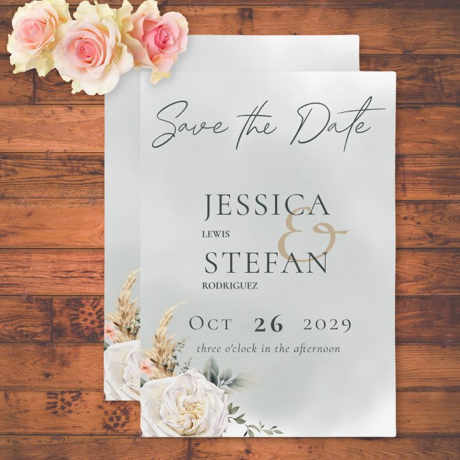 Boho Pampas & Pink Roses Green Wedding Save The Date (Boho Pampas & Pink Roses Green Wedding Save The Date Card)