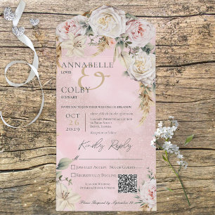 Boho Pampas & Pink Roses Pink QR Code All In One Invitation