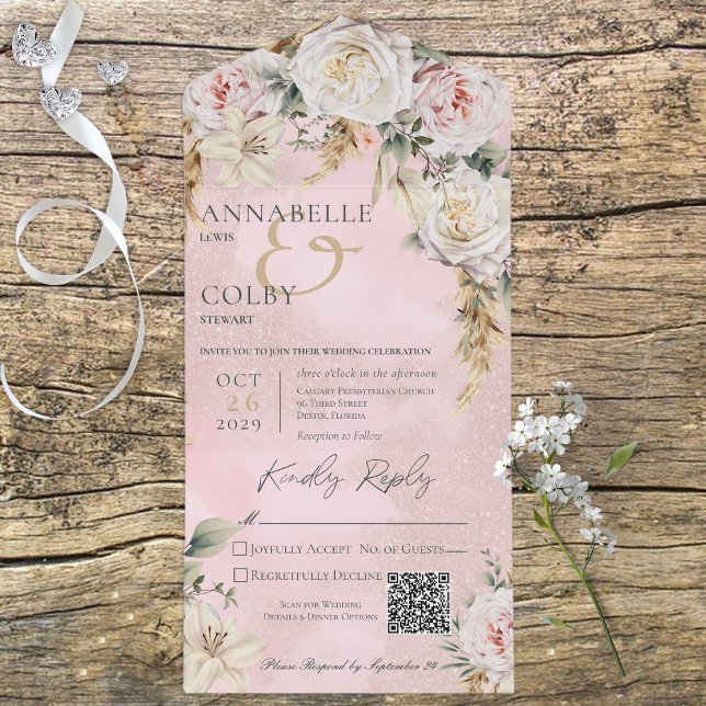 Boho Pampas & Pink Roses Pink QR Code All In One Invitation (Also available without a QR code; with or without dinner selection options.)