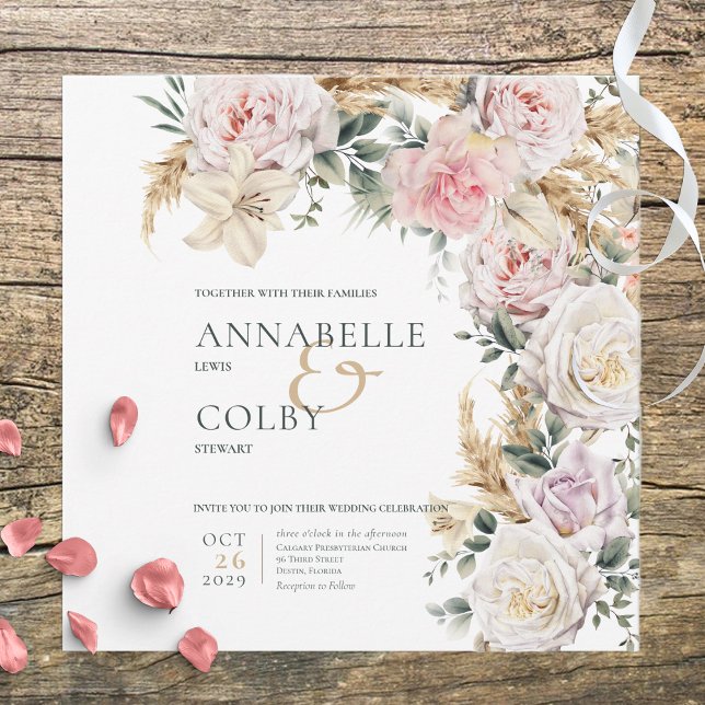 Boho Pampas & Pink Roses Square White Wedding Invitation (Creator Uploaded)