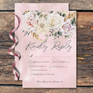 Boho Pampas & Pink Roses Wedding Dinner RSVP Card