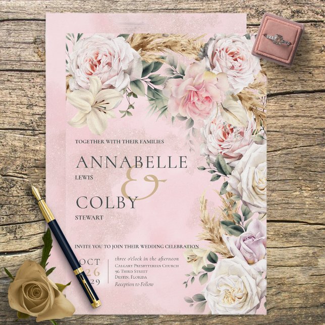 Boho Pampas & Pink Roses Wedding Invitation (Creator Uploaded)