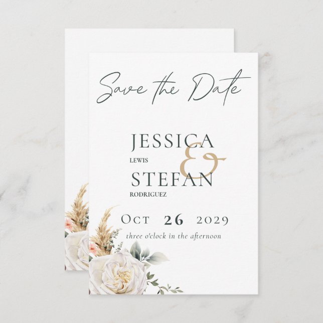 Boho Pampas & Pink Roses White Wedding Save The Date (Front/Back)