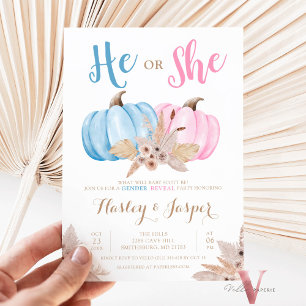 Boho Pampas Pumpkin Pink Blue Gender Reveal Party Invitation