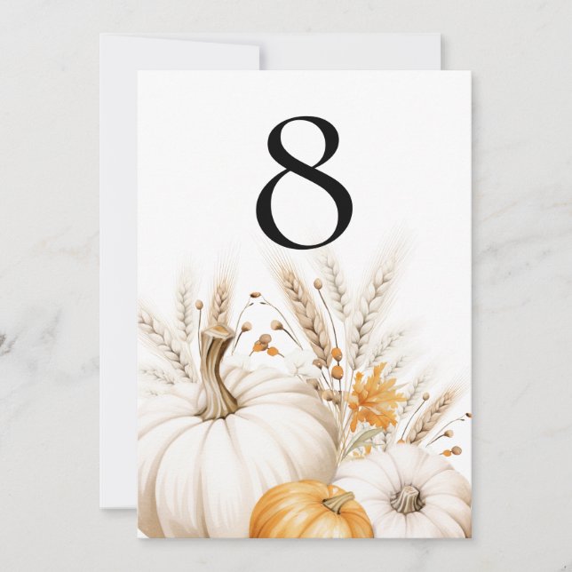 Boho Pampas Pumpkins Wedding Table Number (Front)