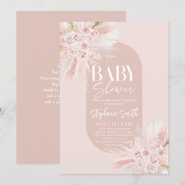 Boho Pampas Rose Baby shower Invitation fille (Devant / Derrière)