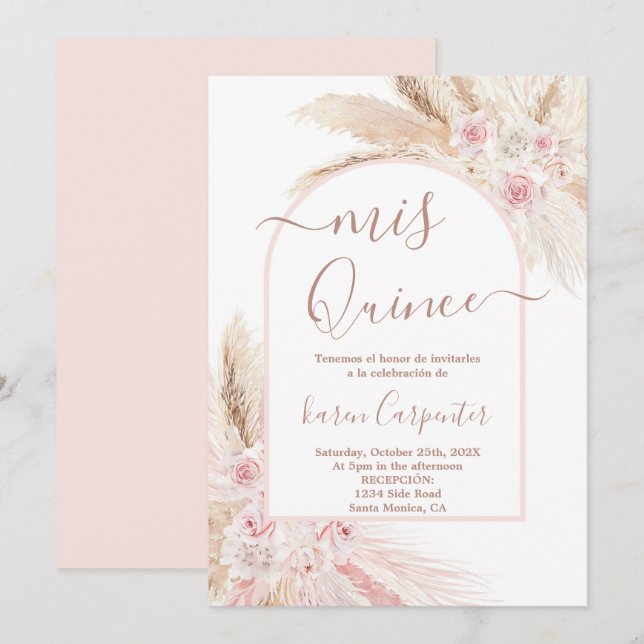Boho Pampas Rose Quinceanera Invitation (Devant / Derrière)