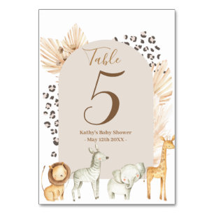 Boho Pampas Safari Animals Modern Table Number