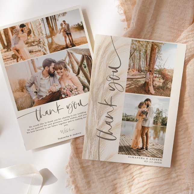 Boho pampas script 5 photos wedding thank you card (Creator Uploaded)