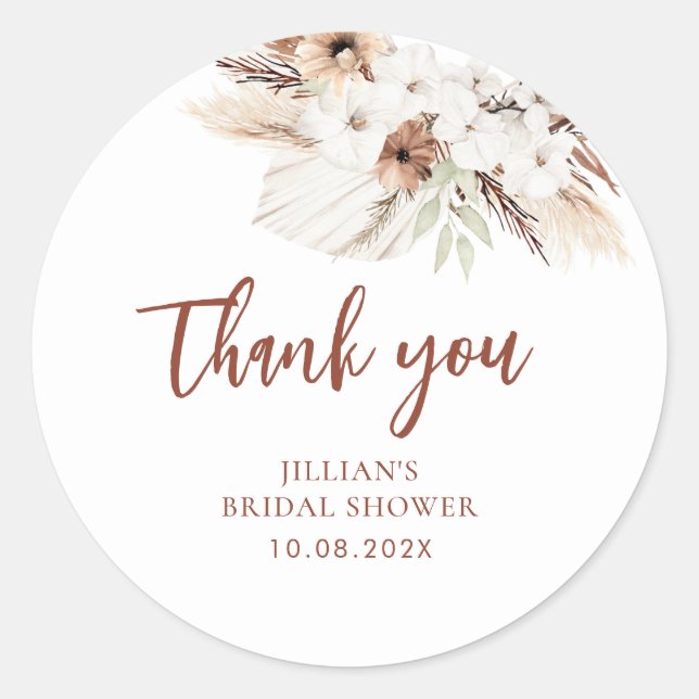 boho pampas terracotta floral bridal shower classic round sticker (Front)