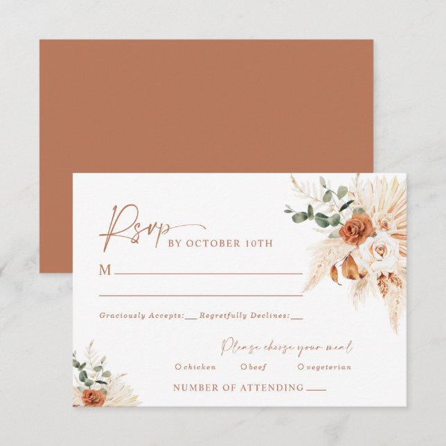 Boho Pampas Terracotta Mariage RSVP Card LEYLA (Devant / Derrière)