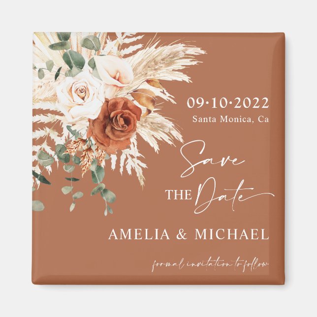 Boho Pampas Terracotta Rust Save The Date Magnet (Front)