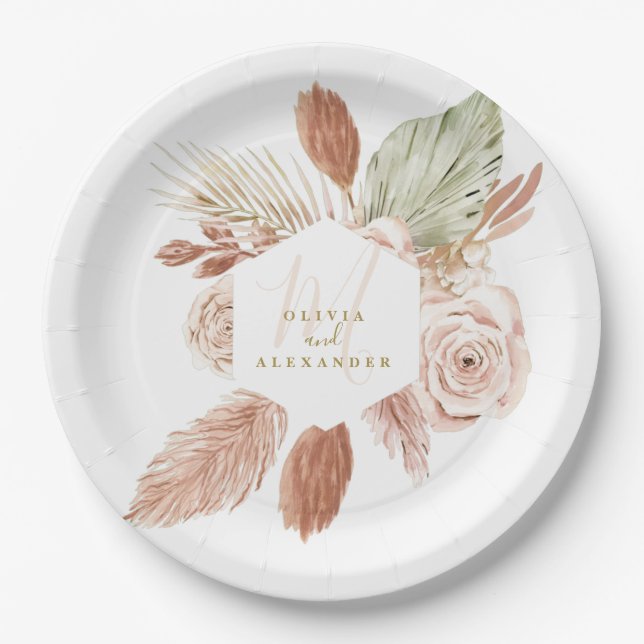Boho Pampas Tropical Dried Flowers Wedding Paper P Paper Plate (Front)