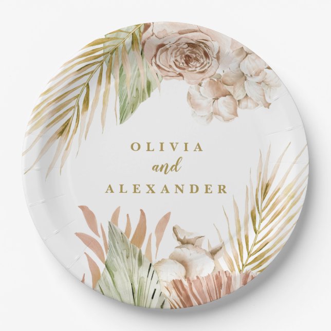 Boho Pampas Tropical Dried Flowers Wedding Paper Plate (Front)