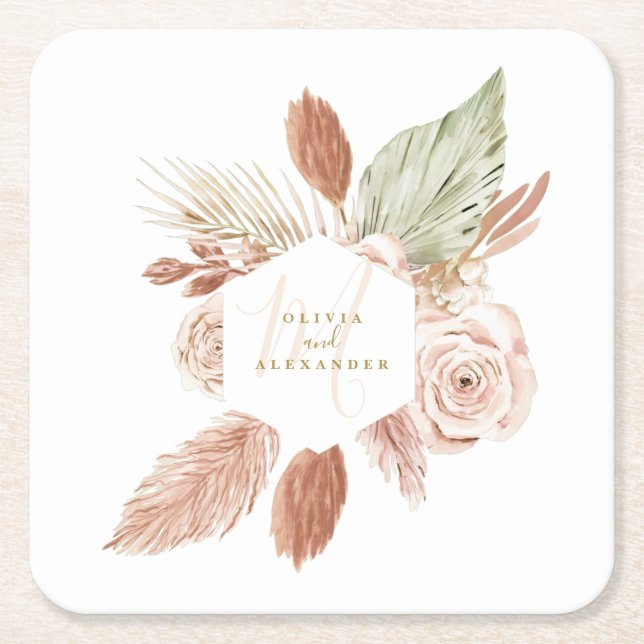 Boho Pampas Tropical Dried Flowers Wedding Square Paper Coaster (Front)
