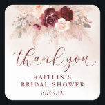 Boho Pampas Wedding Bridal Shower Burgundy Roses Square Sticker<br><div class="desc">Boho Pampas Grass Bridal Shower Favour Stickers / Labels: These square bridal shower thank you labels are perfect for sticking on your bridal shower gifts and favours. They feature fluffy pampas grass with burgundy roses and hints of greenery.</div>