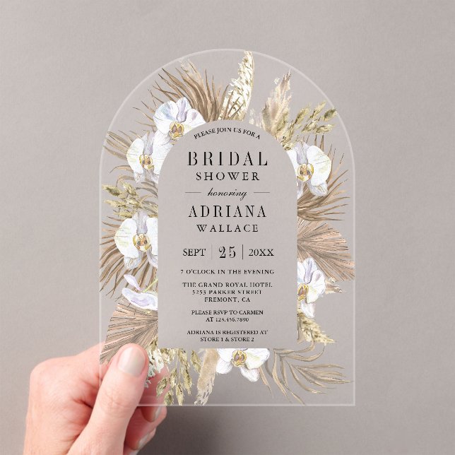 Boho Pampas White Orchid Dried Palm Bridal Shower Acrylic Invitations (Insitu (Handheld))