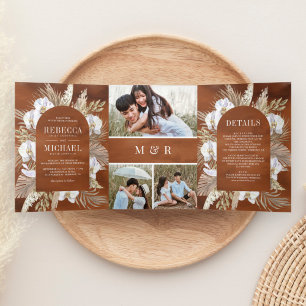 Boho Pampas White Orchid Dried Palm Earthy Wedding Tri-Fold Invitation