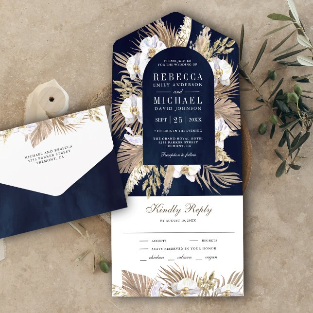 Boho Pampas White Orchid Dried Palm Navy Wedding All In One Invitation (Creator Uploaded)