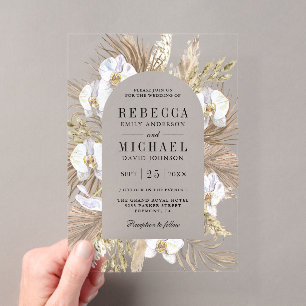 Boho Pampas White Orchid Dried Palm Wedding Acrylic Invitations
