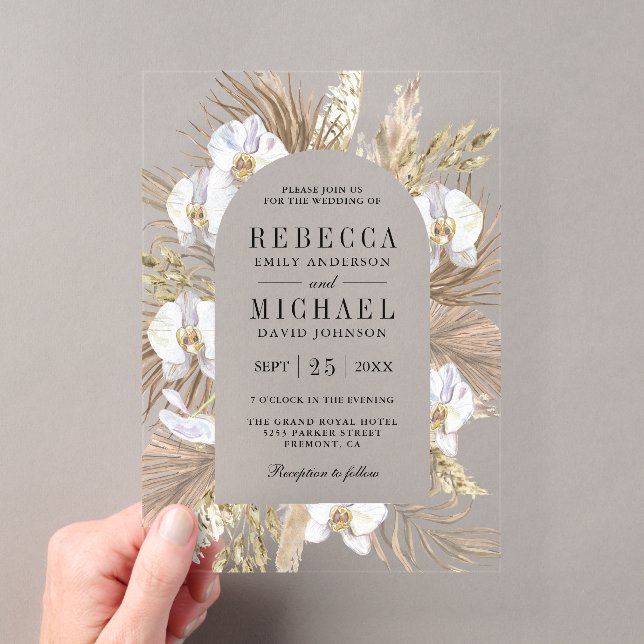 Boho Pampas White Orchid Dried Palm Wedding Acrylic Invitations (Insitu (Handheld))