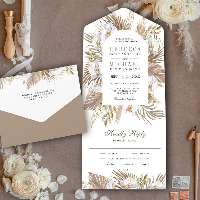 Boho Pampas White Orchid Dried Palm Wedding All In One Invitation (Creator Uploaded)
