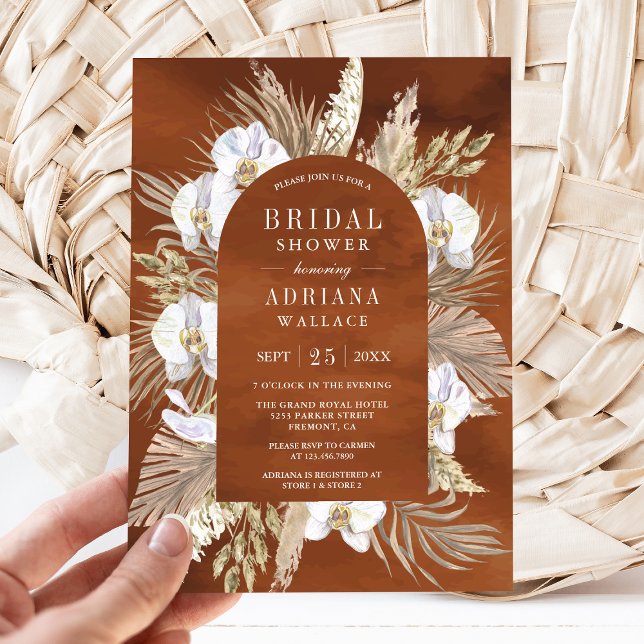 Boho Pampas White Orchid Terracotta Bridal Shower Invitation (Creator Uploaded)