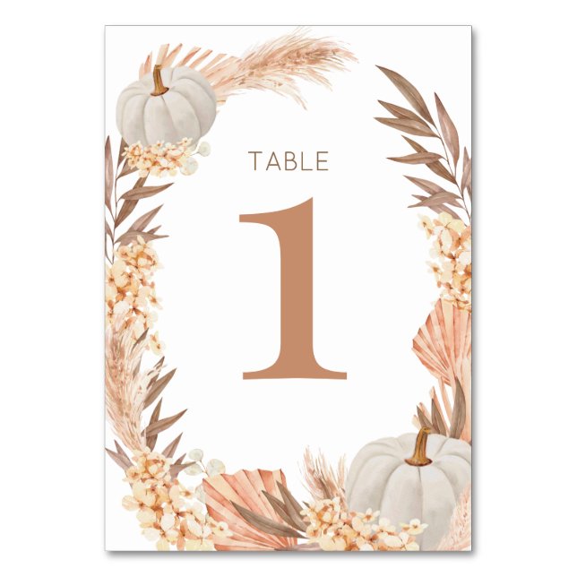 Boho Pampas white Pumpkin Table number (Front)