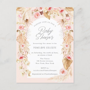 boho pampas with pink floral arch baby shower invitation postcard