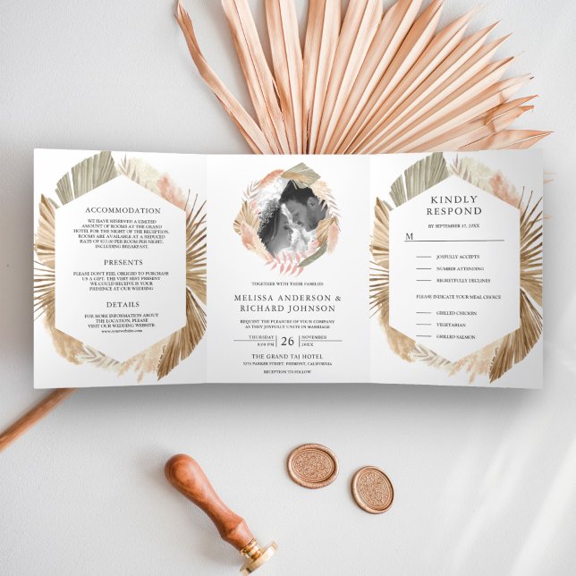 Boho Pampas Wreath Dried Palm 3 in 1 Wedding Tri-Fold Invitation (Creator Uploaded)