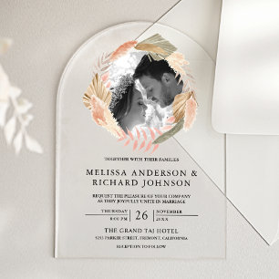 Boho Pampas Wreath Photo Dried Palm Leaves Wedding Acrylic Invitations