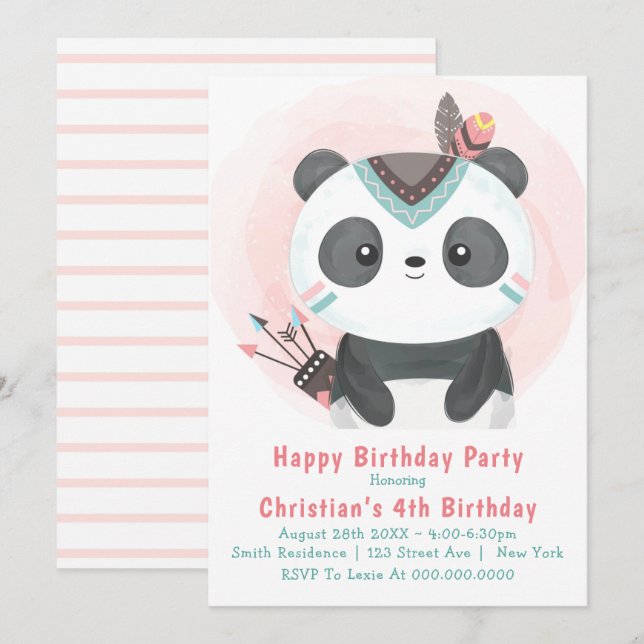 Boho Panda Bear 4th Birthday Invitations (Front/Back)