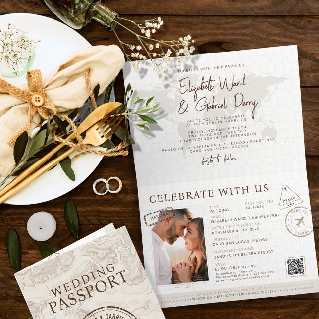 Boho Passport Destination Qr Code Wedding  Invitation (Creator Uploaded)