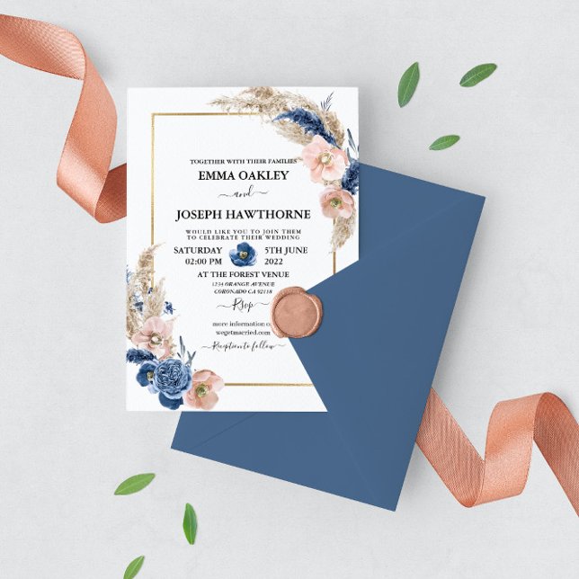 Boho pastel blue & blush chic floral Wedding Invitation (Creator Uploaded)