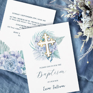 Boho Pastel Blue Bouquet Baptism Invitation