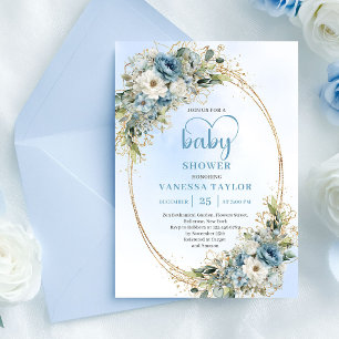 Boho Pastel Blue Floral Baby Shower Invitation