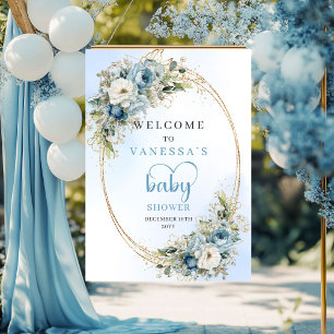 Boho Pastel Blue Floral Eucalyptus Baby Shower  Poster