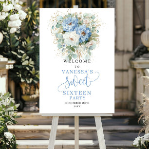 Boho Pastel Blue Floral Sweet 16 Welcome Sign