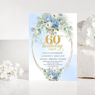 Boho Pastel Blue Peonies 60th Birthday Invitation