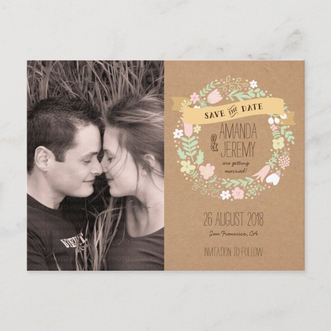 Boho Pastel Floral Wreath Rustic Save the Date Announcement Postcard (Front)