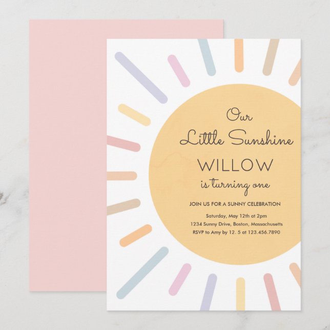 Boho Pastel Our Little Sunshine Birthday Party Invitation (Front/Back)